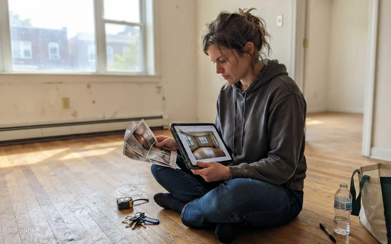 Two people comparing move-in and move-out photos of an apartment on a phone next to a lease document