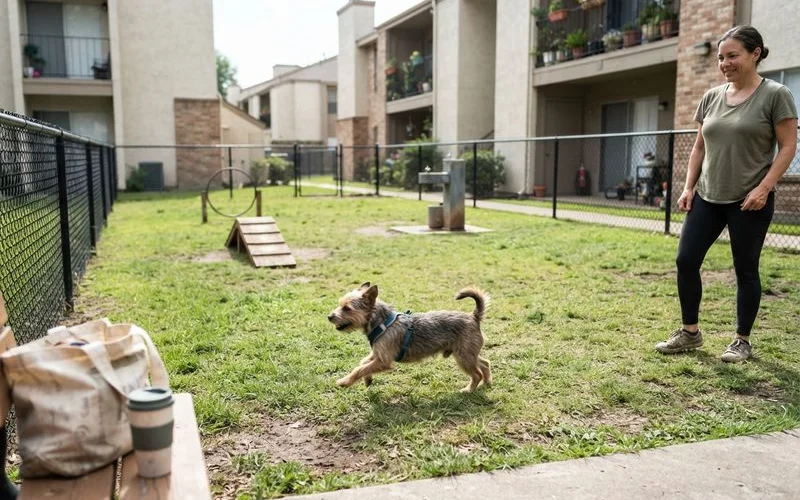 A resident walking a dog past a pet waste station in a well-maintained apartment courtyard