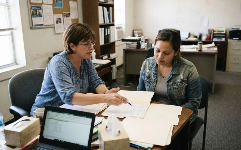 A renter reviewing a rental assistance application form with a housing counselor at a community office desk