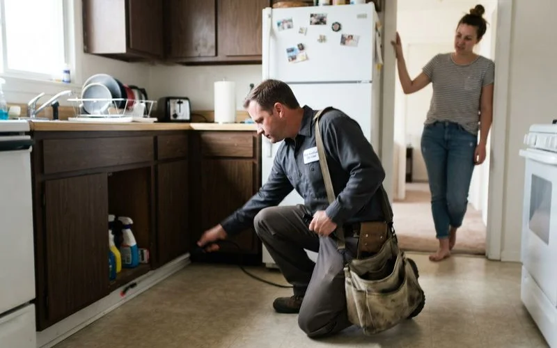 A pest control technician inspecting the exterior baseboard of an apartment unit