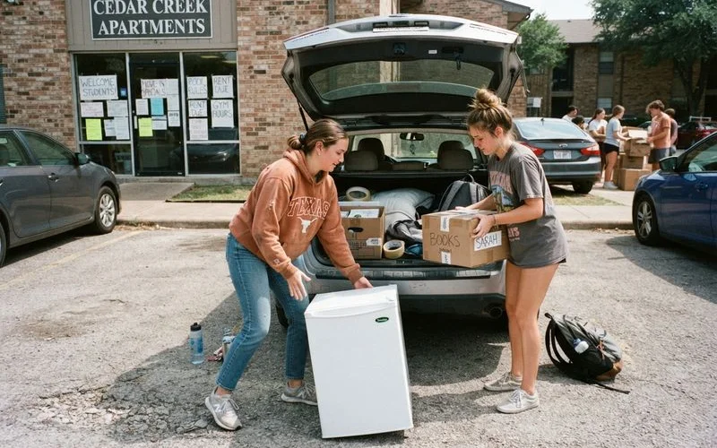 A group of students moving boxes into a new apartment together on move-in day