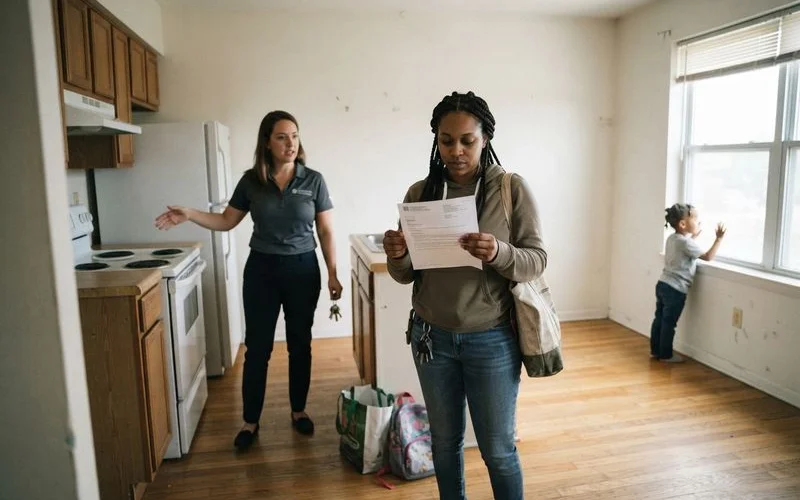 A renter and a housing counselor reviewing a checklist together while touring an apartment unit